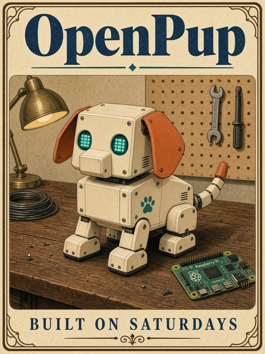 Vintage workshop poster of a boxy robot puppy on a bench, titled OpenPup.